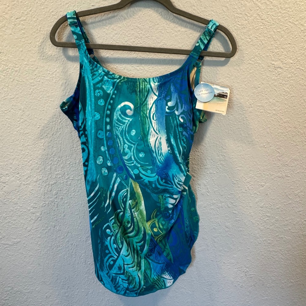 Amoena Byron Bay S Swimdress One Piece Teal Blue Abstract Print UPF 50+ NWT 18